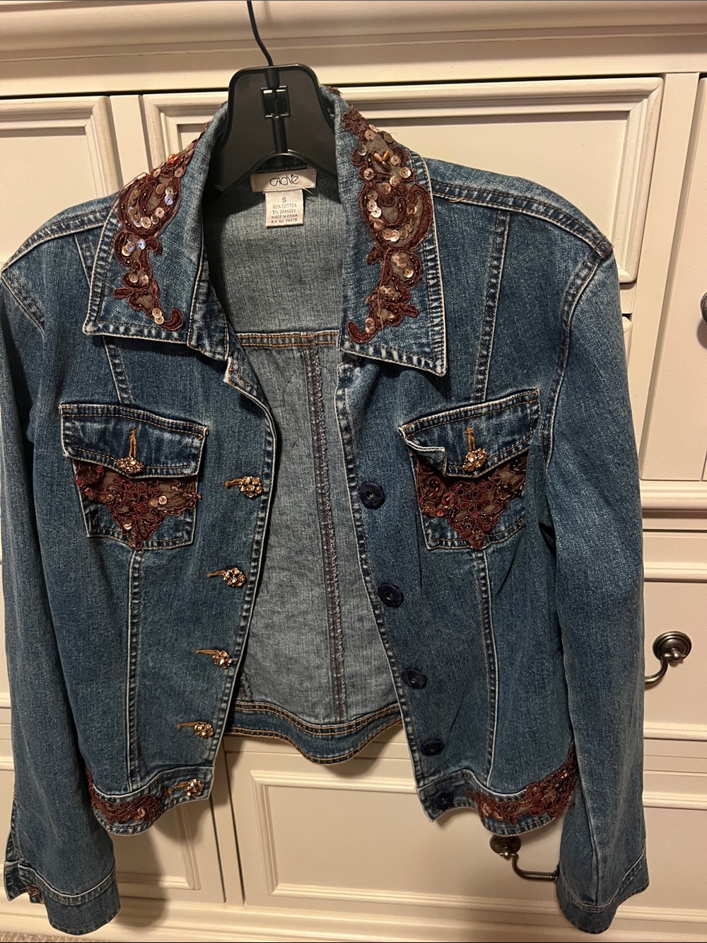 Cache Blue Denim Jacket with Brown Sequin Embellishments